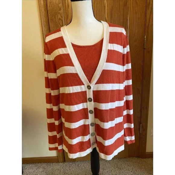 Elementz Button Up Sweater Women's Orange White Striped Attached Tank XL - Picture 1 of 8